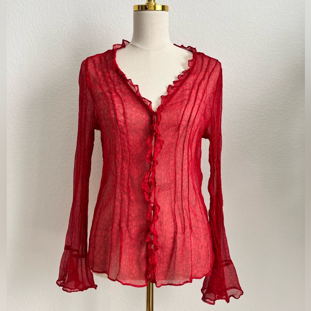 ECI NEW YORK Red Sheer Button-Up Ruffled Blouse Women’s Size XL SOLD